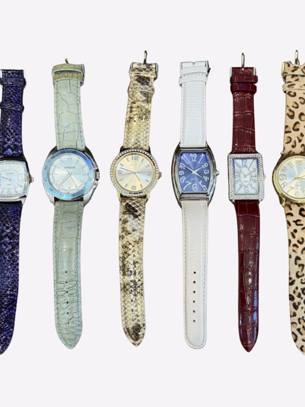 Lot of 6 Chico’s Watches New Mixed Genuine Leather #1 NWT Cheetah Snakeskin Fun